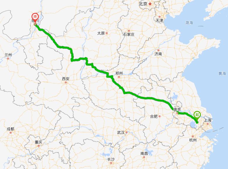 宜興到銀川物流專線行駛路線